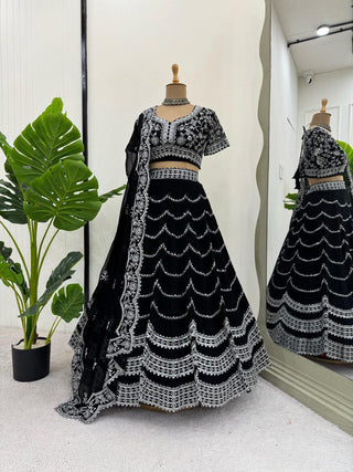 Black Premium Fox Georgette Lehenga Set with Flair & Full Sequin Embroidery ClothsVilla