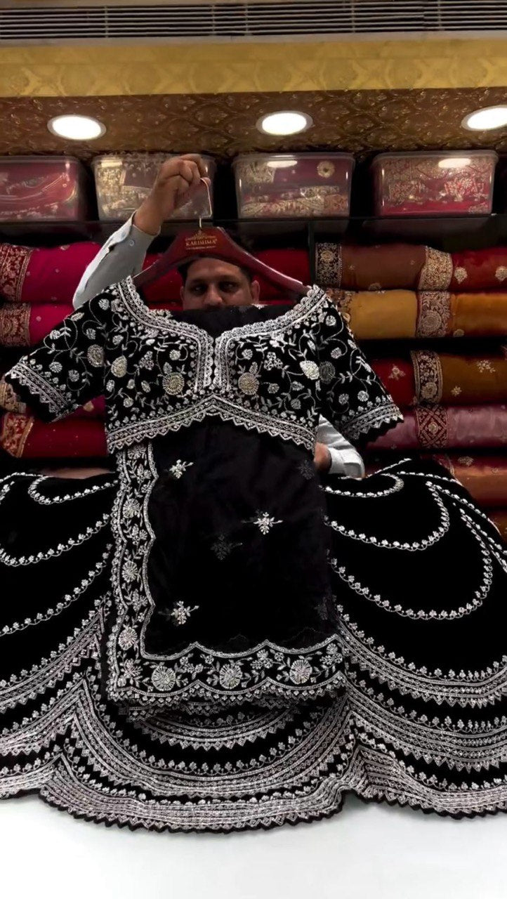 Black Premium Fox Georgette Lehenga Set with Flair & Full Sequin Embroidery ClothsVilla