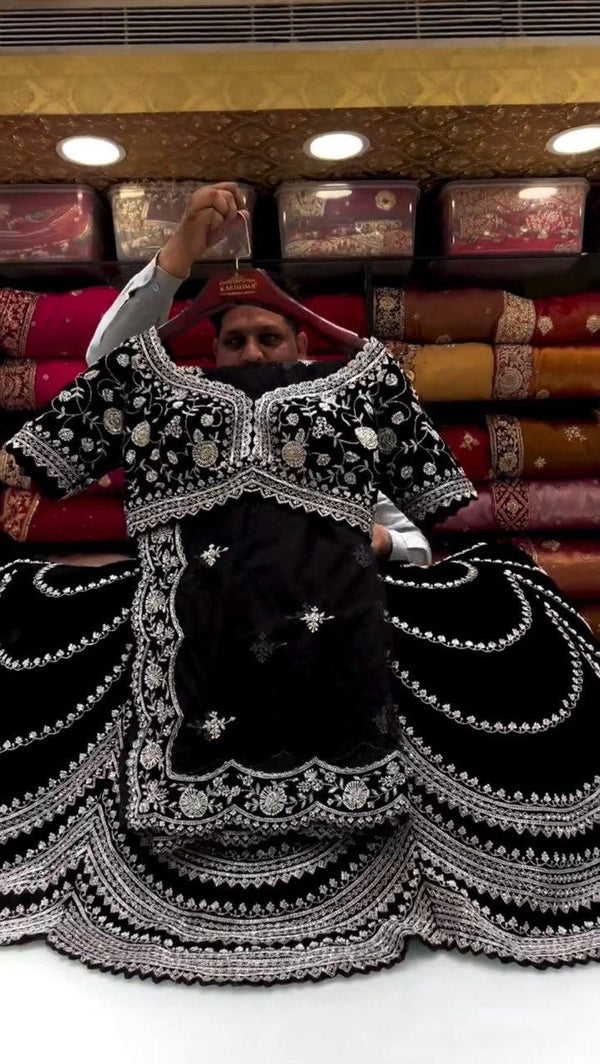 Black Premium Fox Georgette Lehenga Set with Flair & Full Sequin Embroidery ClothsVilla