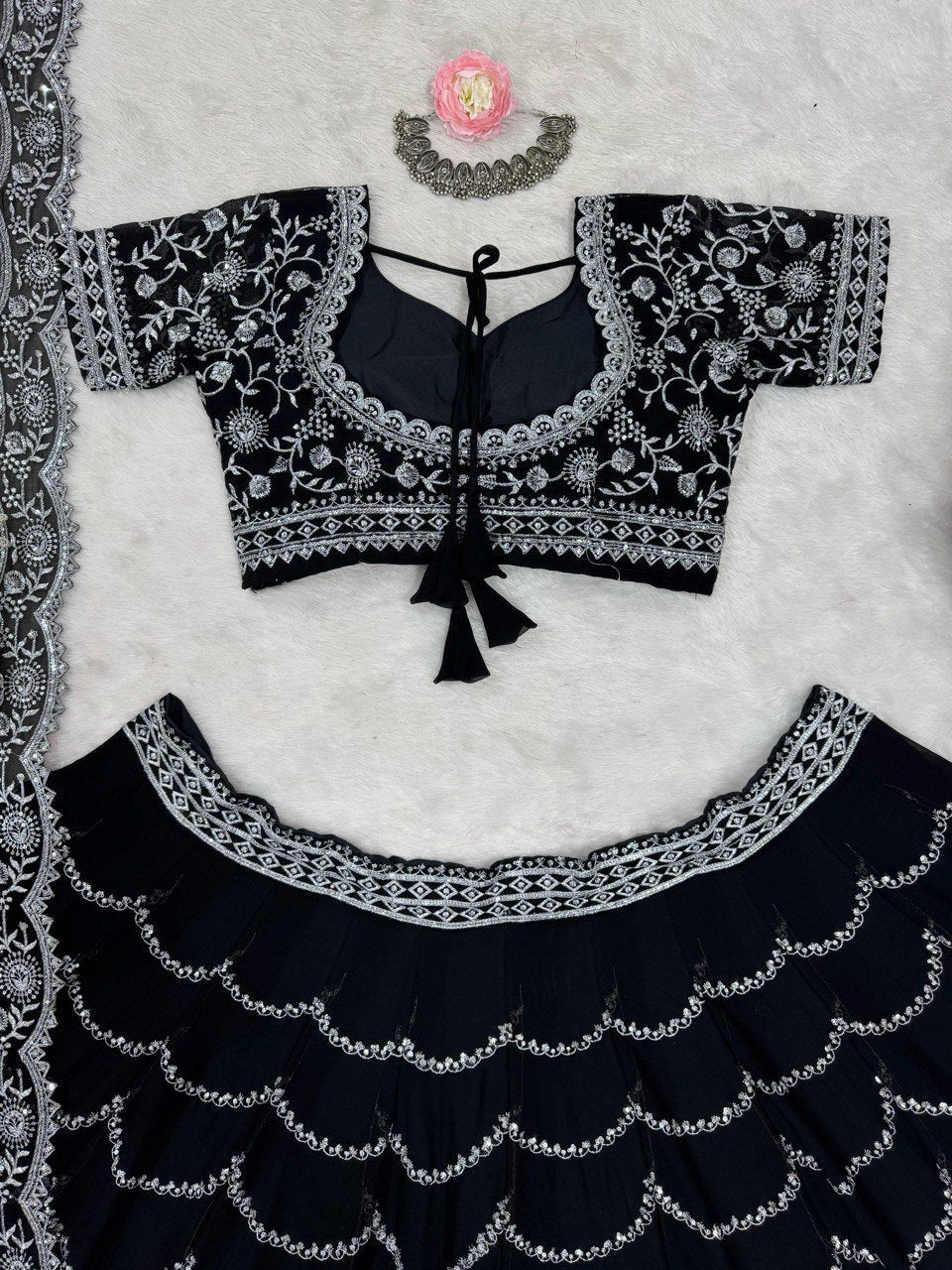 Black Premium Fox Georgette Lehenga Set with Flair & Full Sequin Embroidery ClothsVilla