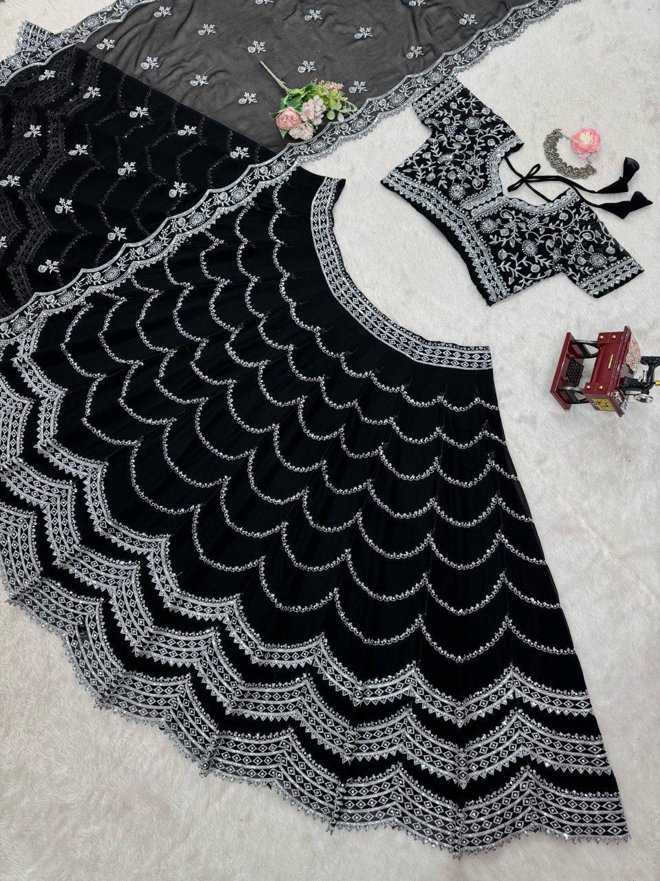 Black Premium Fox Georgette Lehenga Set with Flair & Full Sequin Embroidery ClothsVilla