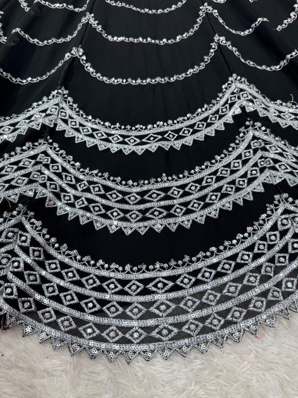 Black Premium Fox Georgette Lehenga Set with Flair & Full Sequin Embroidery ClothsVilla
