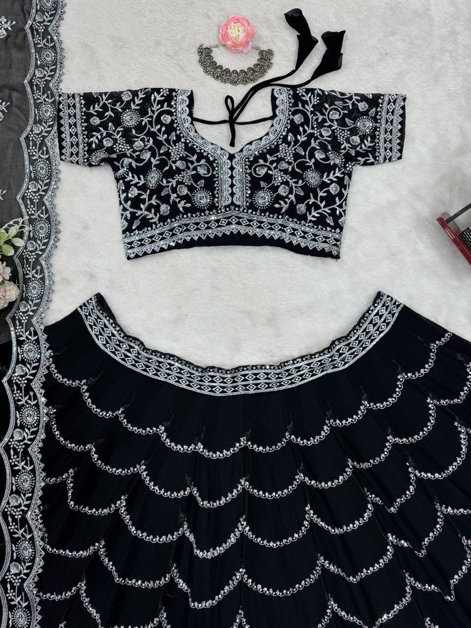 Black Premium Fox Georgette Lehenga Set with Flair & Full Sequin Embroidery ClothsVilla