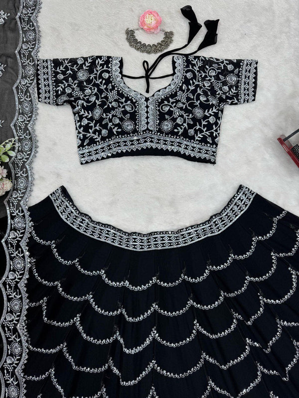 Black Premium Fox Georgette Lehenga Set with Flair & Full Sequin Embroidery ClothsVilla