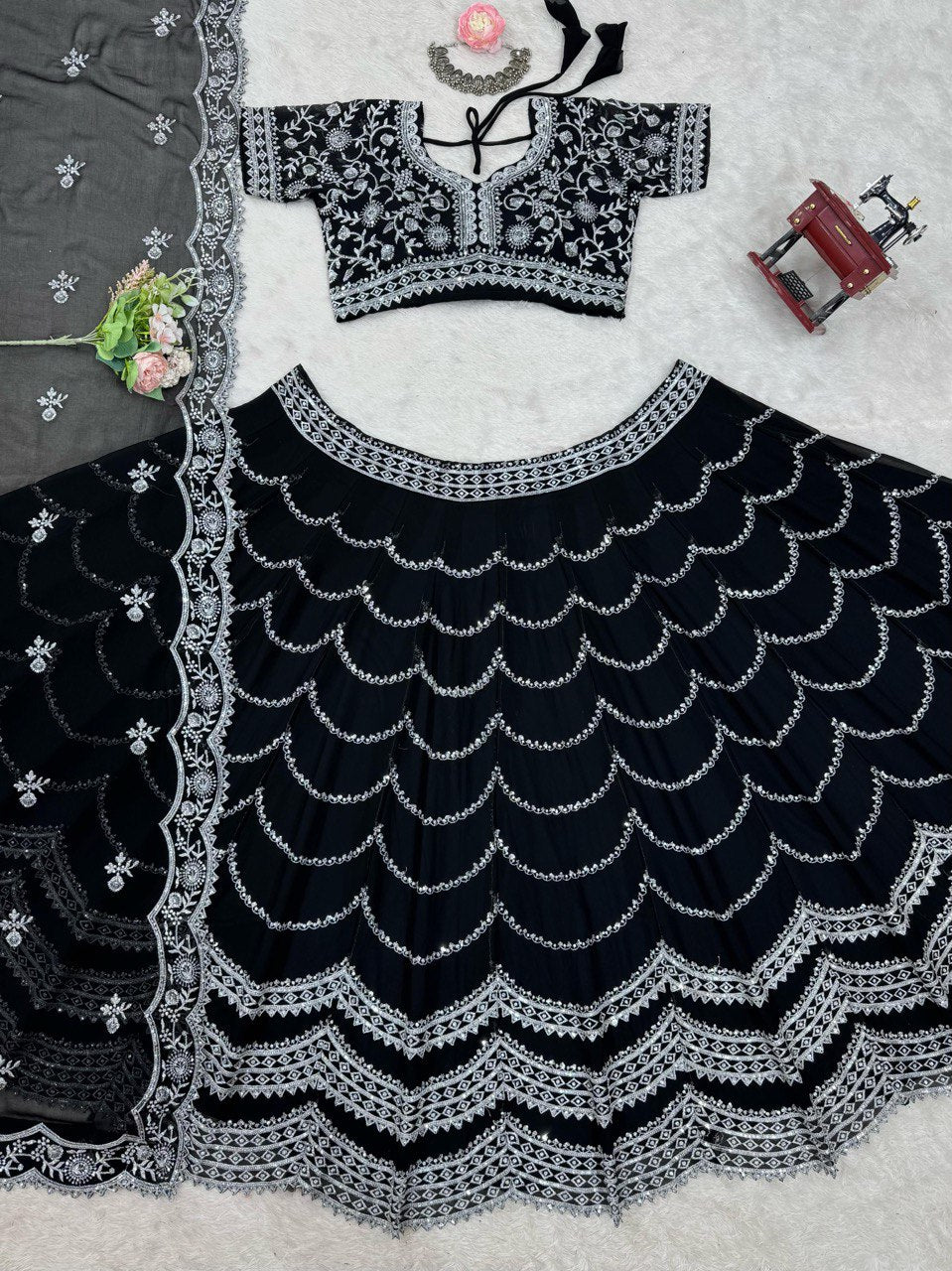 Black Premium Fox Georgette Lehenga Set with Flair & Full Sequin Embroidery ClothsVilla