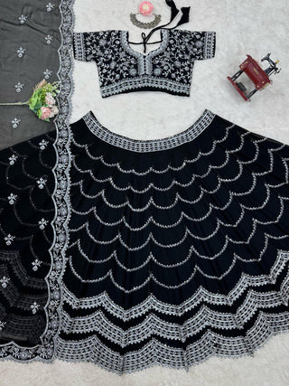 Black Premium Fox Georgette Lehenga Set with Flair & Full Sequin Embroidery ClothsVilla