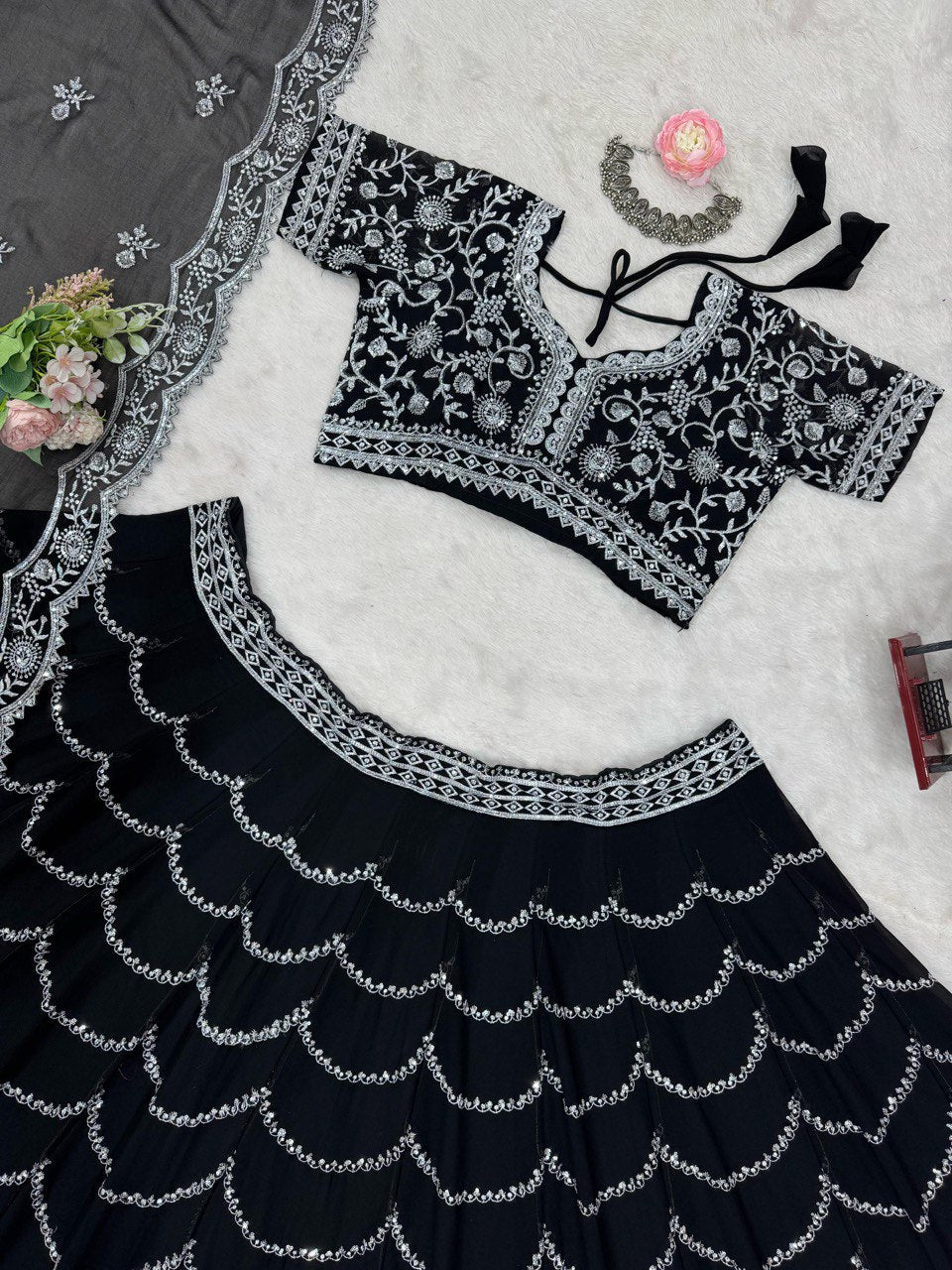 Black Premium Fox Georgette Lehenga Set with Flair & Full Sequin Embroidery ClothsVilla