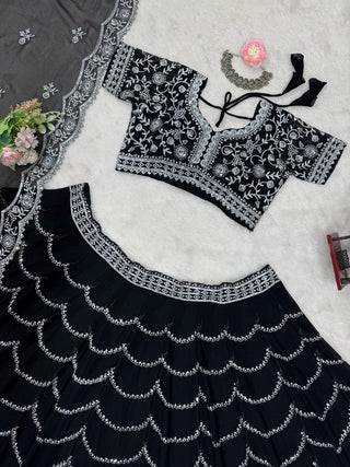 Black Premium Fox Georgette Lehenga Set with Flair & Full Sequin Embroidery ClothsVilla