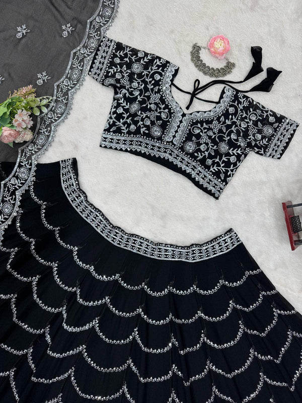 Black Premium Fox Georgette Lehenga Set with Flair & Full Sequin Embroidery ClothsVilla
