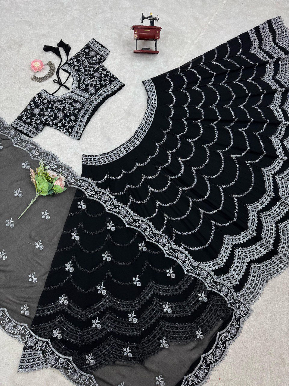 Black Premium Fox Georgette Lehenga Set with Flair & Full Sequin Embroidery ClothsVilla
