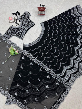Black Premium Fox Georgette Lehenga Set with Flair & Full Sequin Embroidery ClothsVilla
