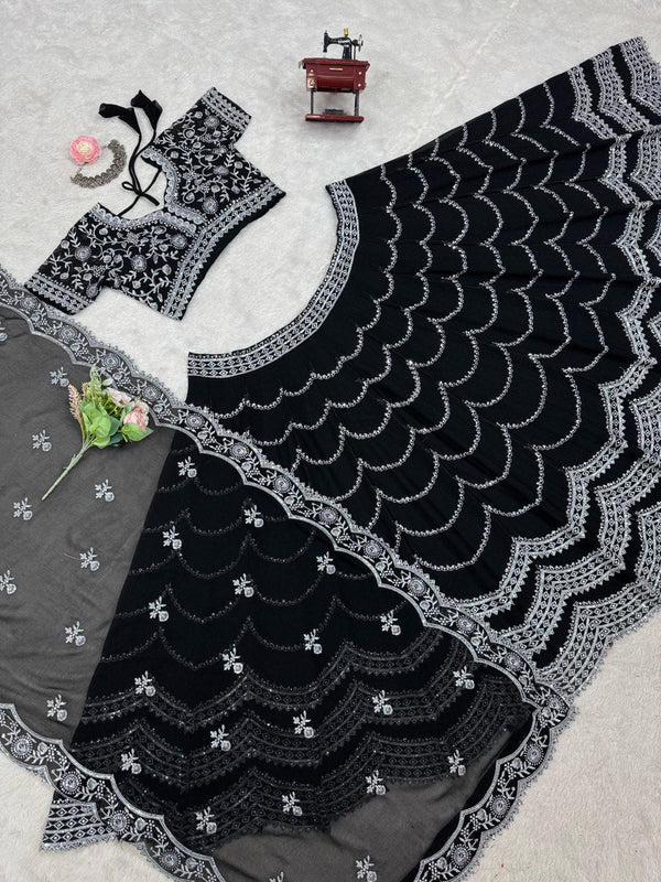 Black Premium Fox Georgette Lehenga Set with Flair & Full Sequin Embroidery ClothsVilla