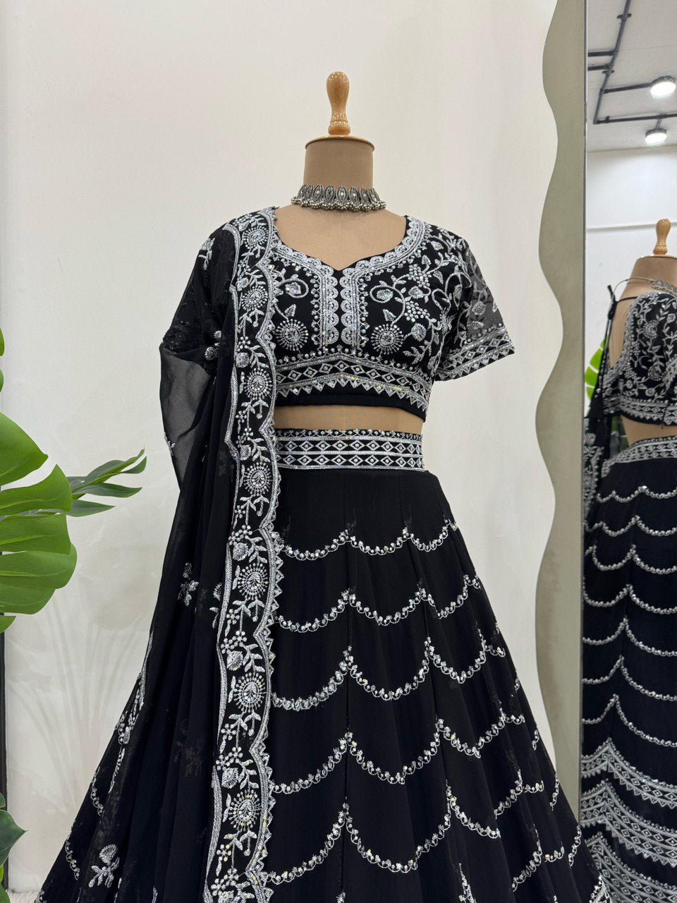 Black Premium Fox Georgette Lehenga Set with Flair & Full Sequin Embroidery ClothsVilla