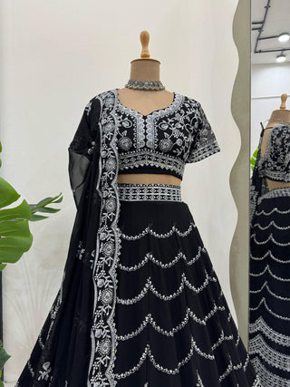 Black Premium Fox Georgette Lehenga Set with Flair & Full Sequin Embroidery ClothsVilla