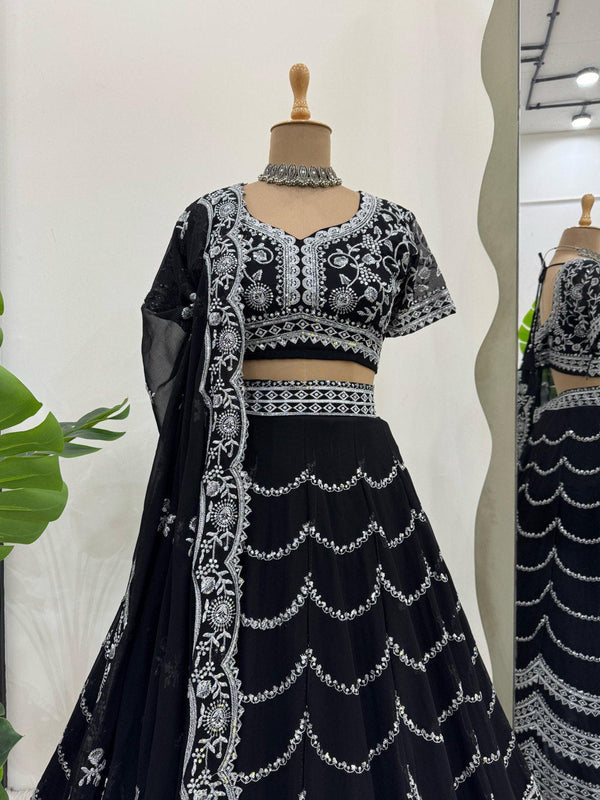 Black Premium Fox Georgette Lehenga Set with Flair & Full Sequin Embroidery ClothsVilla