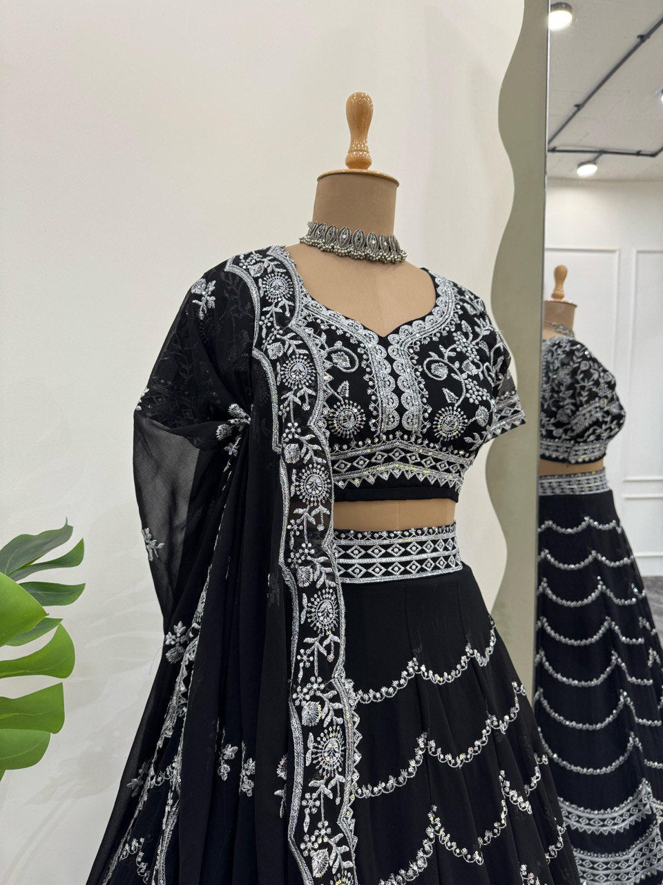 Black Premium Fox Georgette Lehenga Set with Flair & Full Sequin Embroidery ClothsVilla