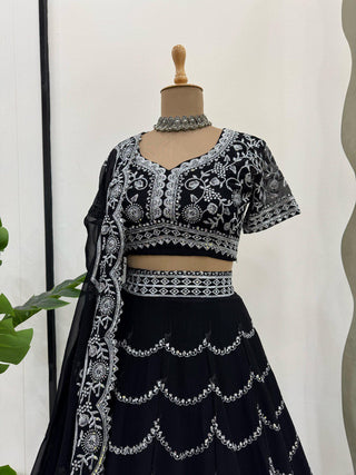 Black Premium Fox Georgette Lehenga Set with Flair & Full Sequin Embroidery ClothsVilla