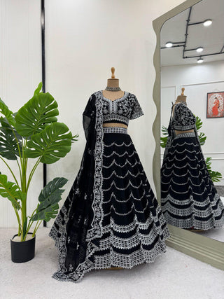 Black Premium Fox Georgette Lehenga Set with Flair & Full Sequin Embroidery ClothsVilla