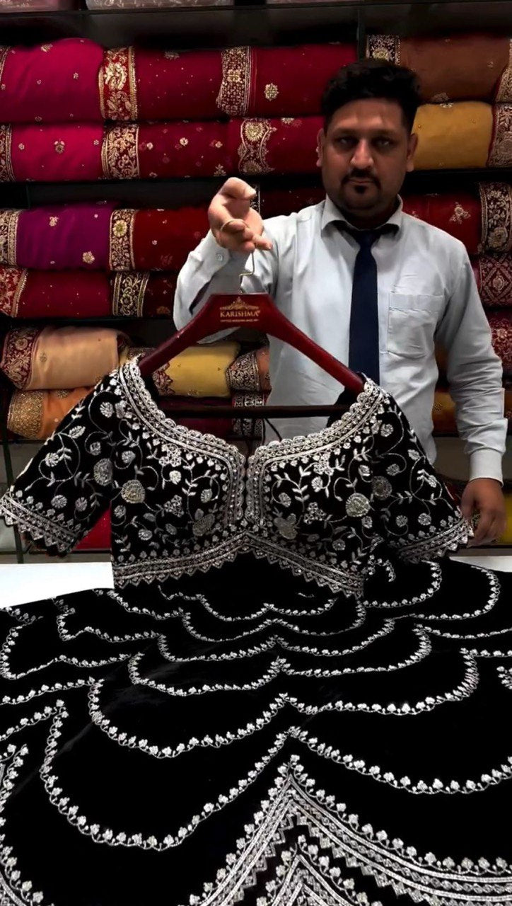 Black Premium Fox Georgette Lehenga Set with Flair & Full Sequin Embroidery ClothsVilla