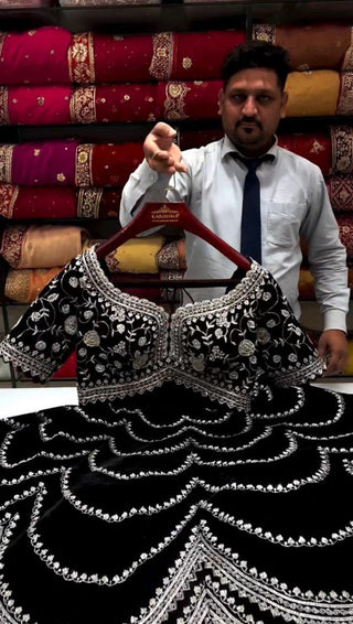 Black Premium Fox Georgette Lehenga Set with Flair & Full Sequin Embroidery ClothsVilla