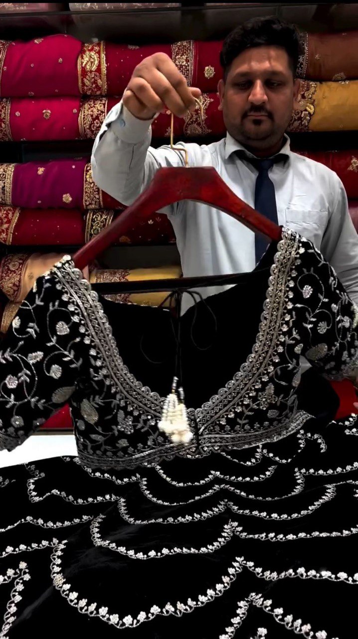 Black Premium Fox Georgette Lehenga Set with Flair & Full Sequin Embroidery ClothsVilla