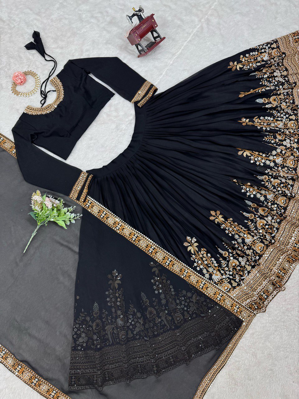 Black Premium Fox Georgette Semi-Stitched Lehenga Set with Sequins & Dual-Side Embroidered Blouse Clothsvilla