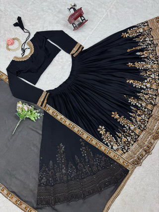 Black Premium Fox Georgette Semi-Stitched Lehenga Set with Sequins & Dual-Side Embroidered Blouse Clothsvilla