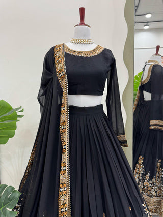 Black Premium Fox Georgette Semi-Stitched Lehenga Set with Sequins & Dual-Side Embroidered Blouse Clothsvilla