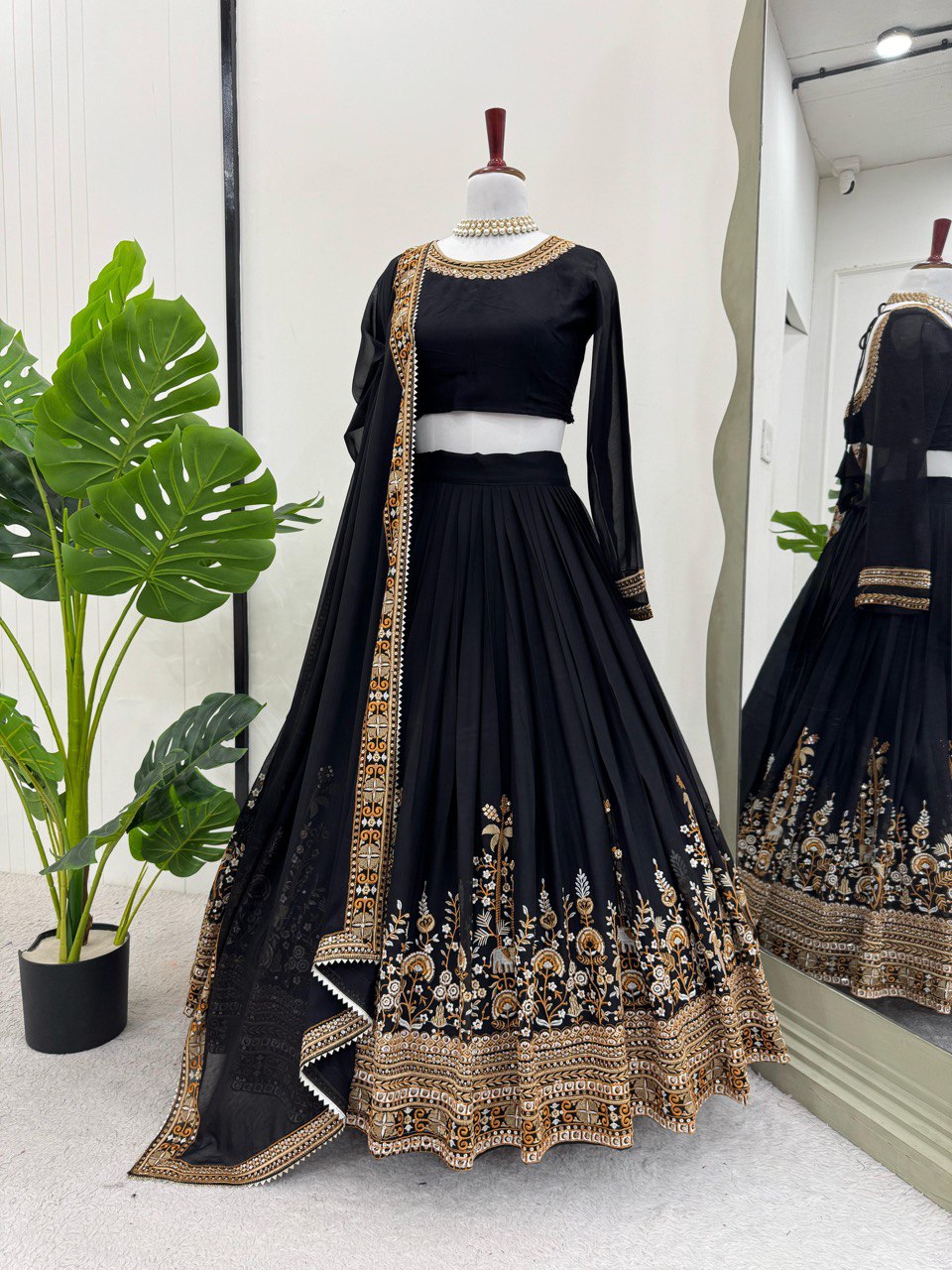 Black Premium Fox Georgette Semi-Stitched Lehenga Set with Sequins & Dual-Side Embroidered Blouse Clothsvilla Main image
