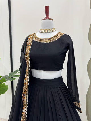 Black Premium Fox Georgette Semi-Stitched Lehenga Set with Sequins & Dual-Side Embroidered Blouse Clothsvilla