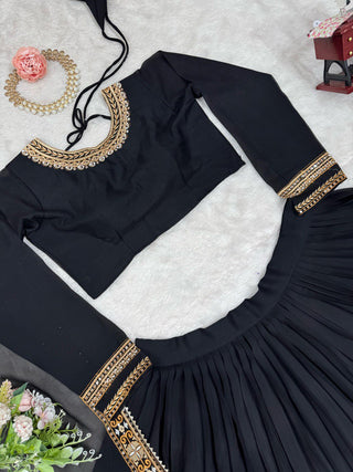 Black Premium Fox Georgette Semi-Stitched Lehenga Set with Sequins & Dual-Side Embroidered Blouse Clothsvilla