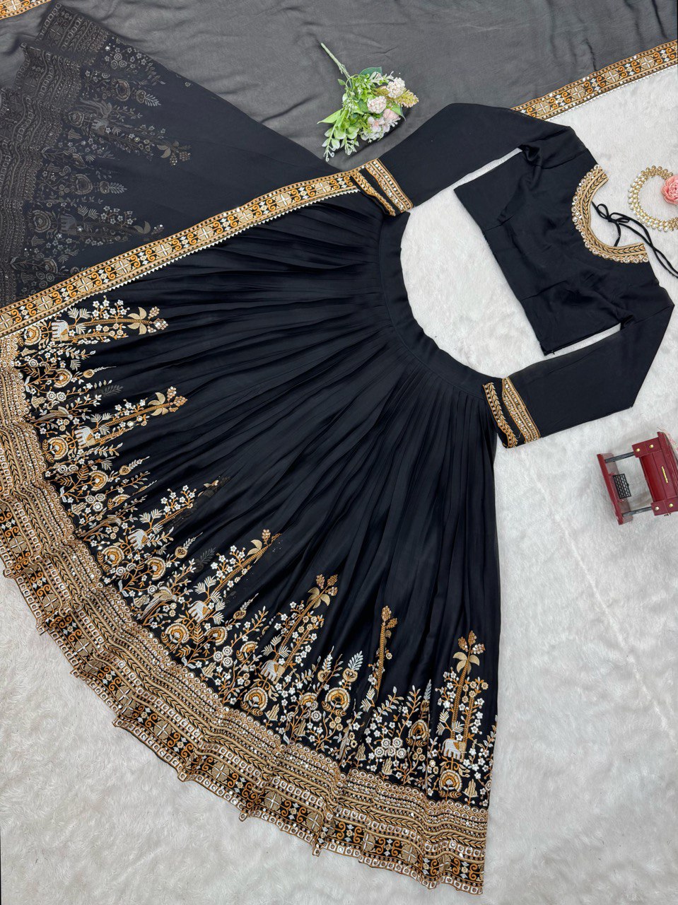 Black Premium Fox Georgette Semi-Stitched Lehenga Set with Sequins & Dual-Side Embroidered Blouse Clothsvilla