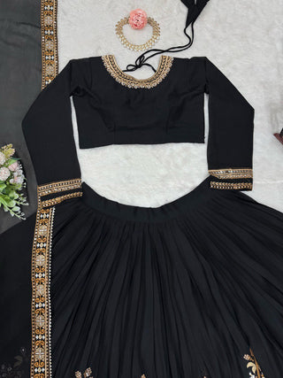Black Premium Fox Georgette Semi-Stitched Lehenga Set with Sequins & Dual-Side Embroidered Blouse Clothsvilla