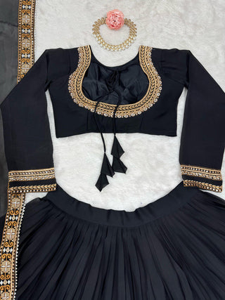 Black Premium Fox Georgette Semi-Stitched Lehenga Set with Sequins & Dual-Side Embroidered Blouse Clothsvilla