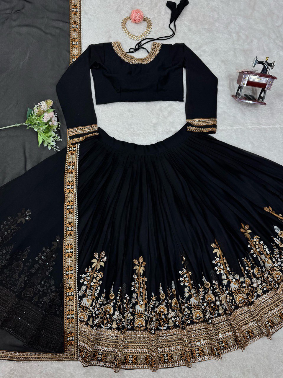 Black Premium Fox Georgette Semi-Stitched Lehenga Set with Sequins & Dual-Side Embroidered Blouse Clothsvilla
