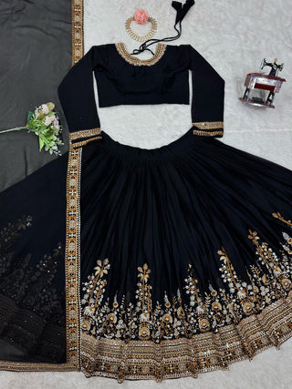 Black Premium Fox Georgette Semi-Stitched Lehenga Set with Sequins & Dual-Side Embroidered Blouse Clothsvilla