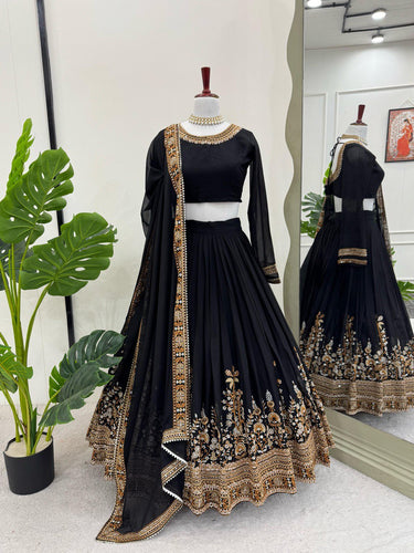 Black Premium Fox Georgette Semi-Stitched Lehenga Set with Sequins & Dual-Side Embroidered Blouse Clothsvilla