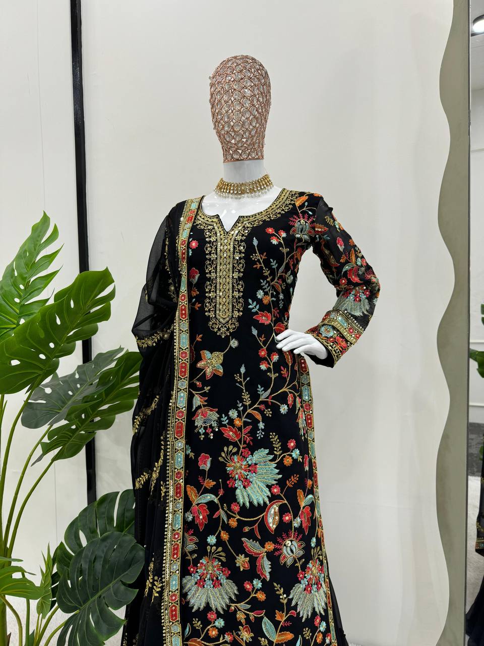 Black Premium Fox Georgette Sharara Set with Dori, Thread & Sequin Work Clothsvilla