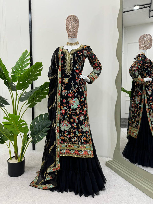 Black Premium Fox Georgette Sharara Set with Dori, Thread & Sequin Work Clothsvilla