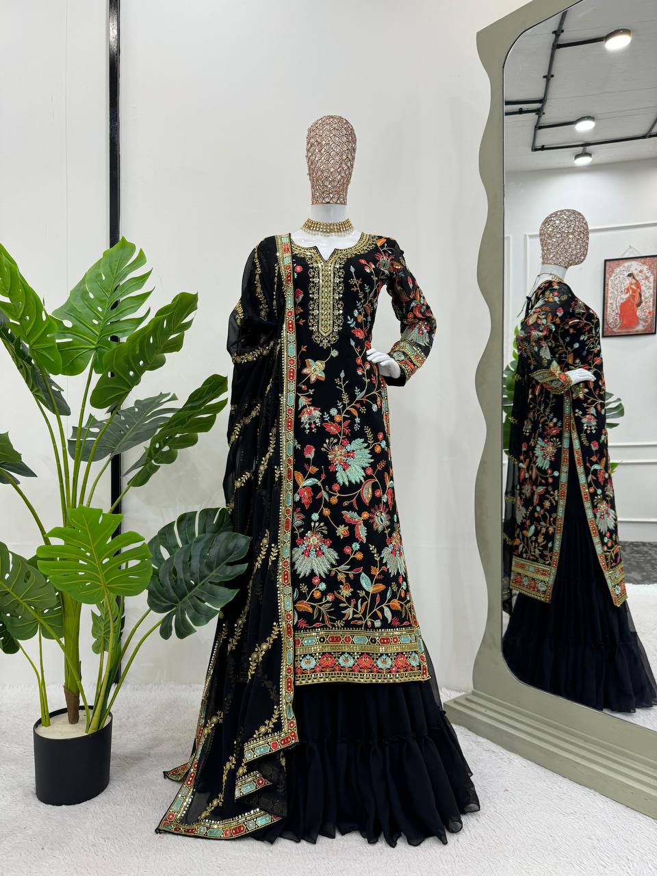 Black Premium Fox Georgette Sharara Set with Dori, Thread & Sequin Work Clothsvilla