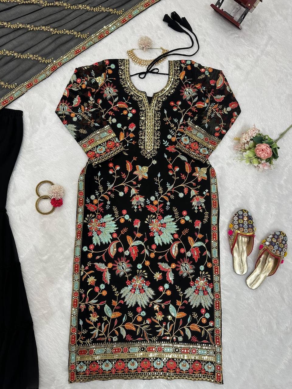 Black Premium Fox Georgette Sharara Set with Dori, Thread & Sequin Work Clothsvilla