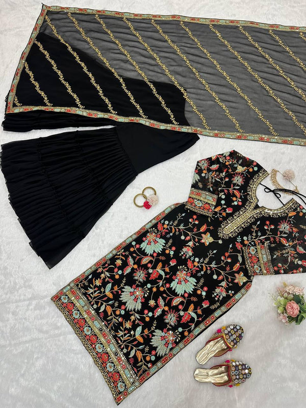 Black Premium Fox Georgette Sharara Set with Dori, Thread & Sequin Work Clothsvilla