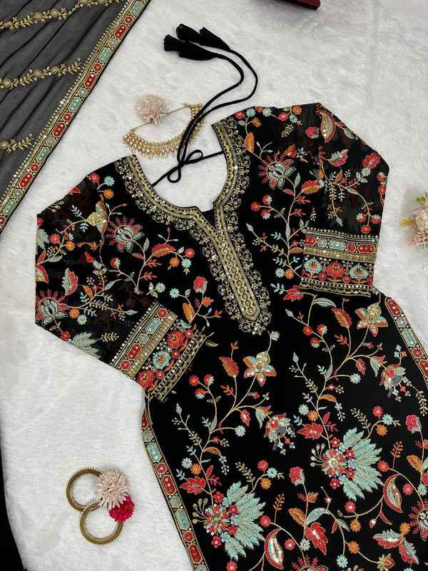 Black Premium Fox Georgette Sharara Set with Dori, Thread & Sequin Work Clothsvilla