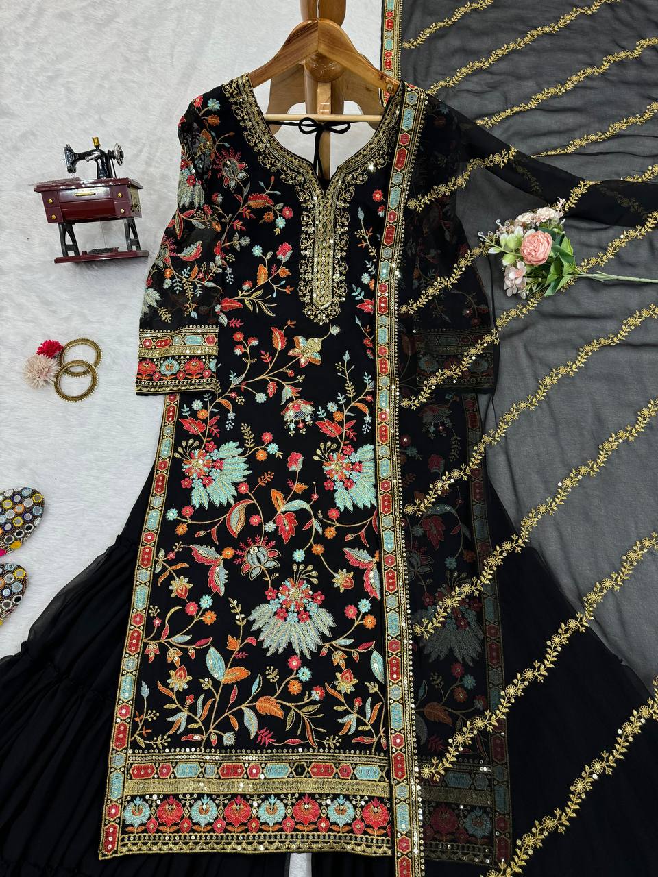 Black Premium Fox Georgette Sharara Set with Dori, Thread & Sequin Work Clothsvilla