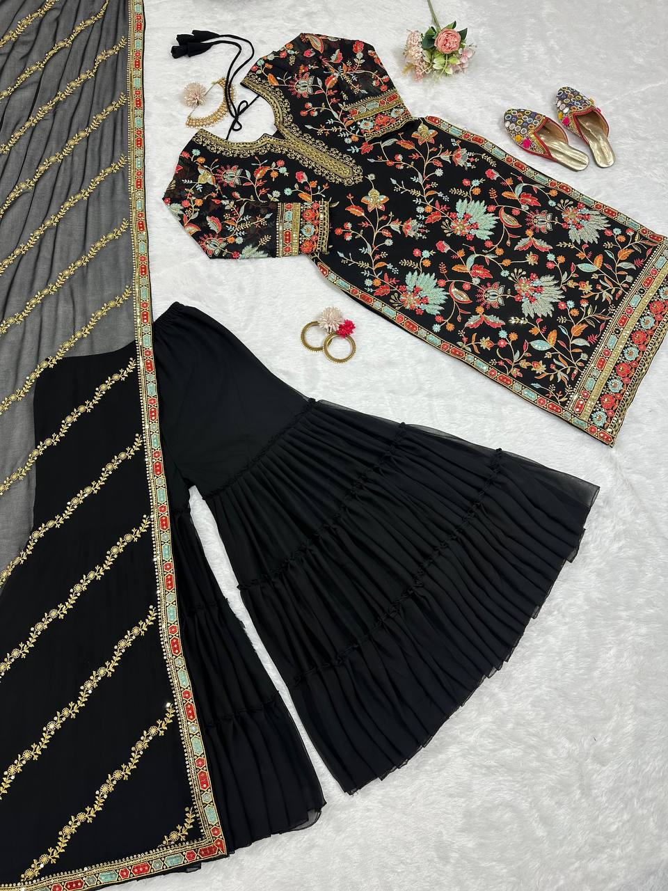 Black Premium Fox Georgette Sharara Set with Dori, Thread & Sequin Work Clothsvilla