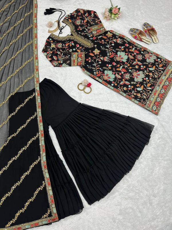 Black Premium Fox Georgette Sharara Set with Dori, Thread & Sequin Work Clothsvilla
