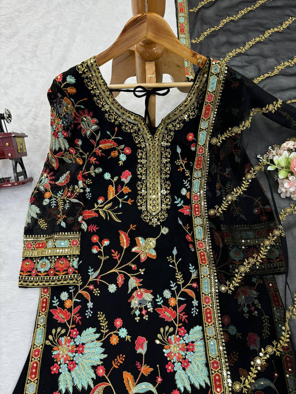 Black Premium Fox Georgette Sharara Set with Dori, Thread & Sequin Work Clothsvilla