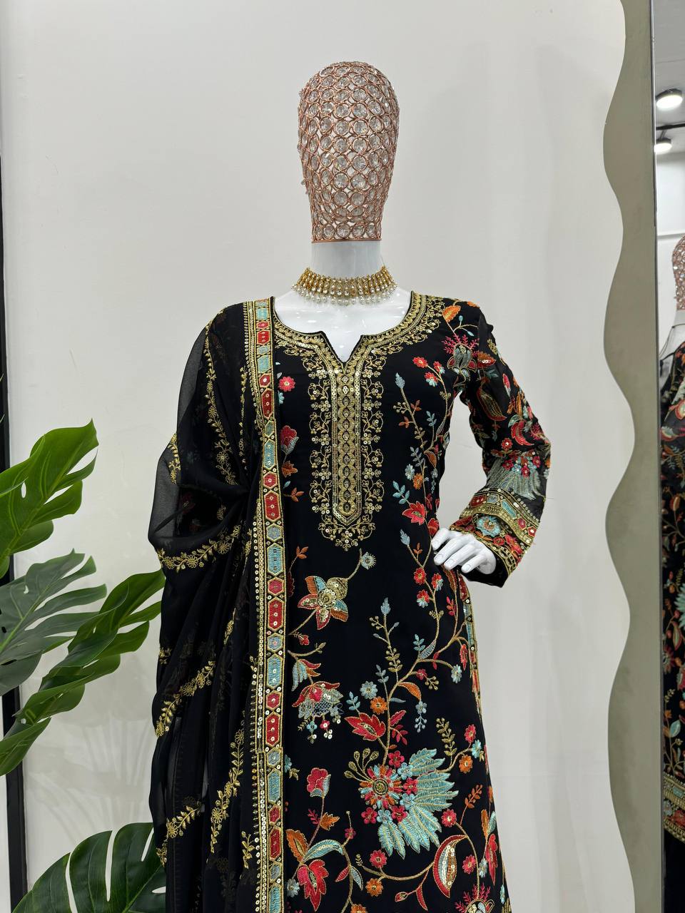 Black Premium Fox Georgette Sharara Set with Dori, Thread & Sequin Work Clothsvilla