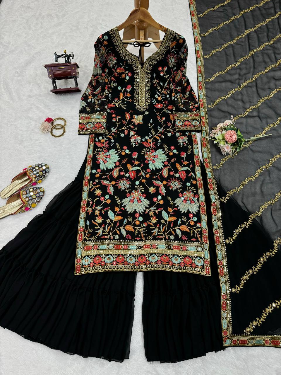 Black Premium Fox Georgette Sharara Set with Dori, Thread & Sequin Work Clothsvilla