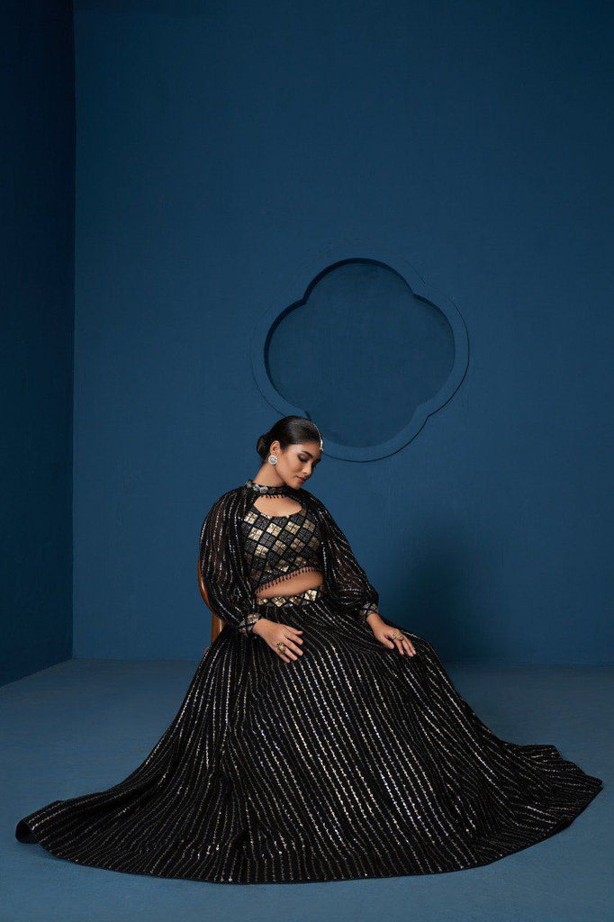 Black Premium Georgette Semi-Stitched Lehenga with Zari, Sequins & Embroidery Work and Unstitched Matching Blouse ClothsVilla